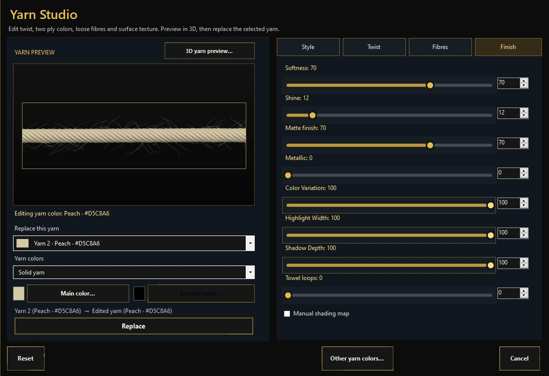 SE Weave Pro Yarn Studio editor with style, twist, fibre and finish controls